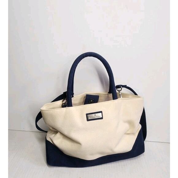 Genuine Etienne Aigner Est. 1949 Hand Bag Cotton Canvas Dark Blue And Beige - Picture 1 of 16